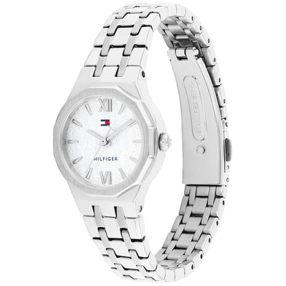 Silberne Damenarmbanduhr mit Edelstahlgliederarmband, rundem Zifferblatt und römischen Ziffern