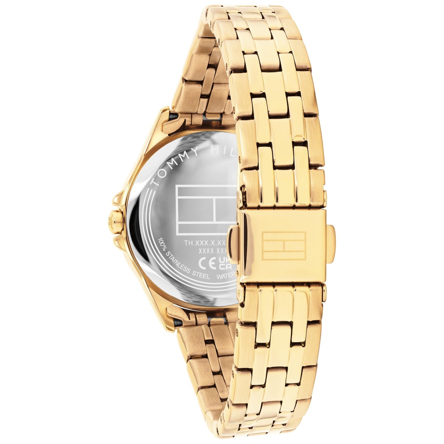 Tommy Hilfiger Jade Damenarmbanduhr seitlich: goldfarbenes Metallband, rundes Gehäuse