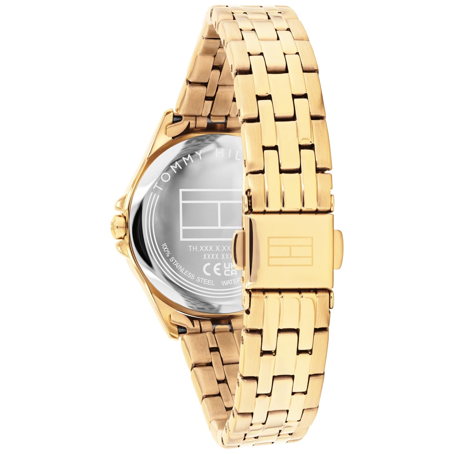 Tommy Hilfiger Jade Damenarmbanduhr seitlich: goldfarbenes Metallband, rundes Gehäuse