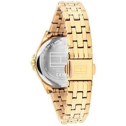 Tommy Hilfiger Jade Damenarmbanduhr seitlich: goldfarbenes Metallband, rundes Gehäuse