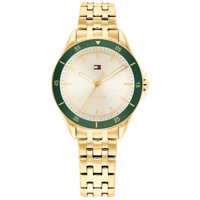 Tommy Hilfiger Damen-Armbanduhr mit goldfarbenem Metallarmband, rundem Ziffernblatt und grünem Lünette
