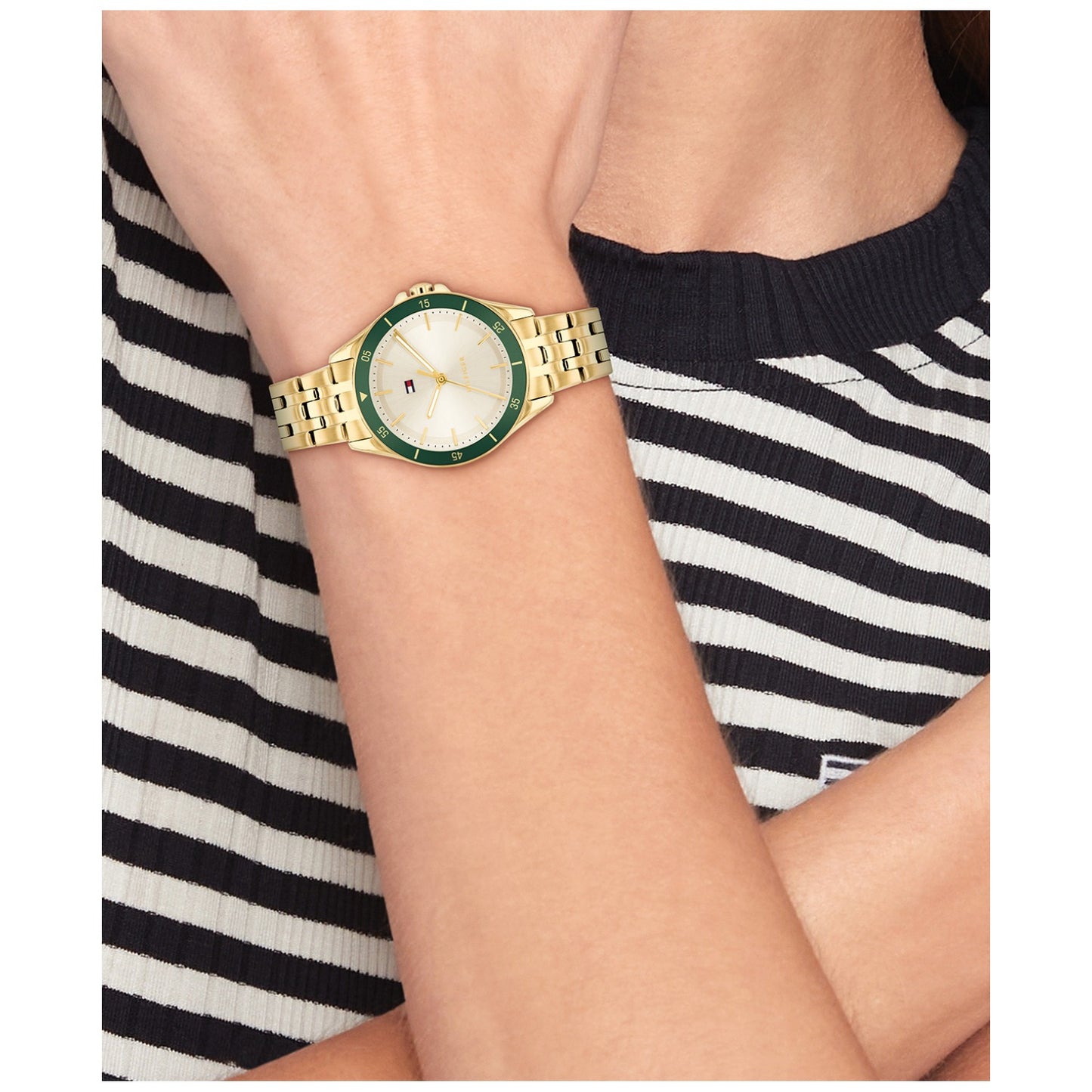 Tommy Hilfiger Jade Damenarmbanduhr mit goldfarbenem Metallarmband und grünem Zifferblatt