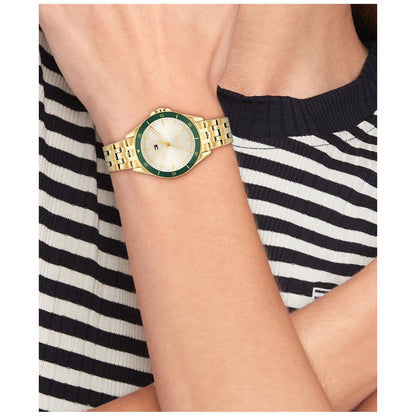 Tommy Hilfiger Jade Damenarmbanduhr mit goldfarbenem Metallarmband und grünem Zifferblatt