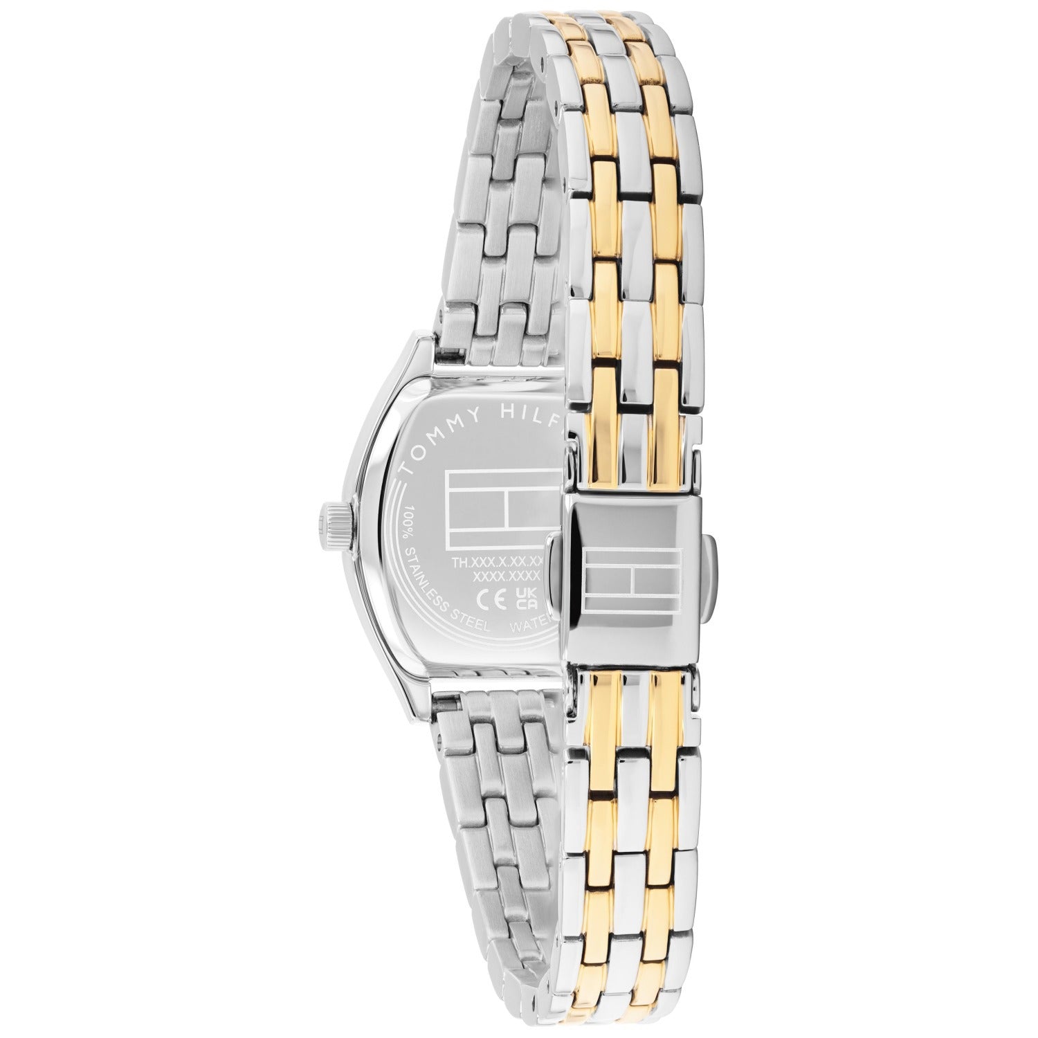 Damenarmbanduhr-Rückseite mit Gliederarmband und Gehäusebeschriftung
