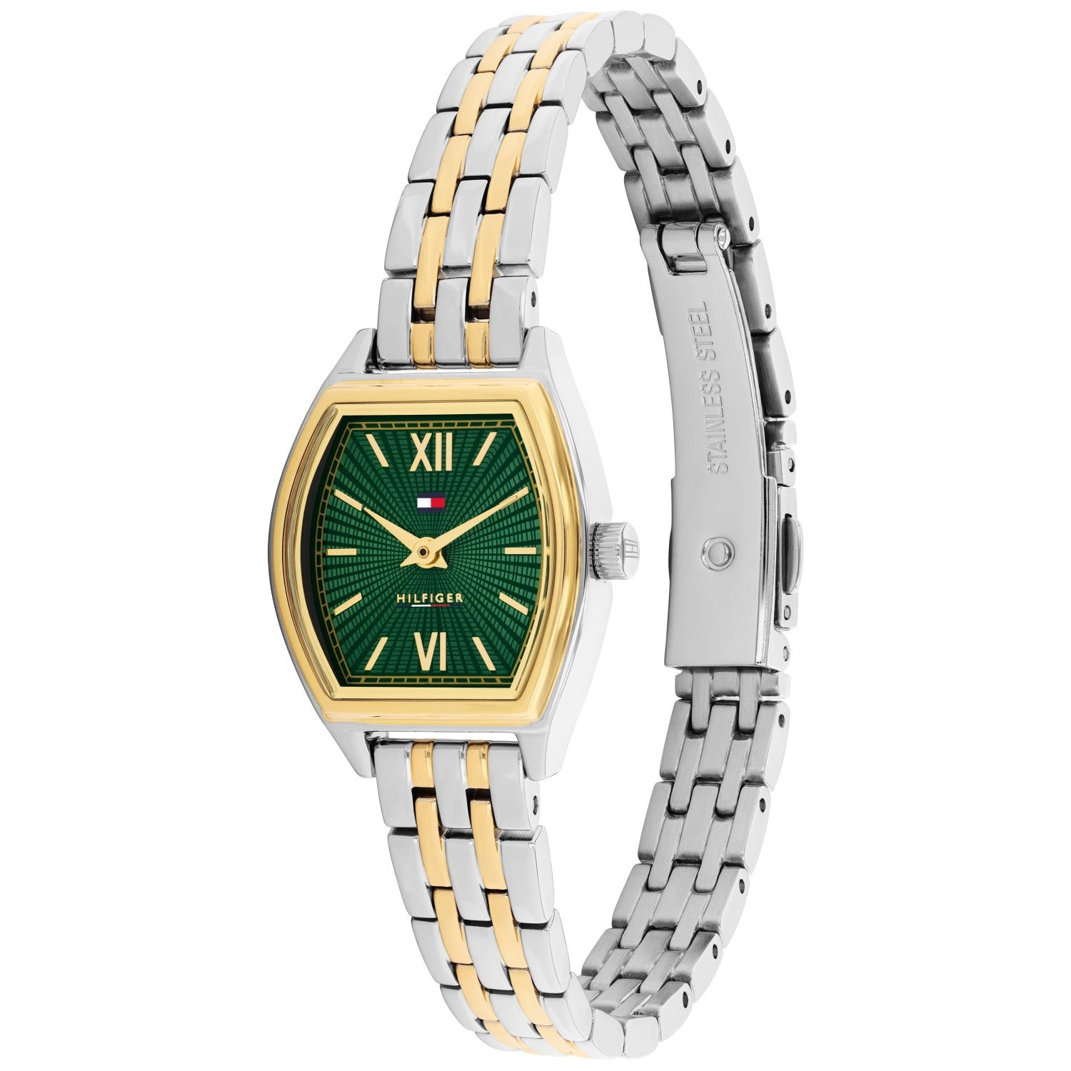 Damenarmbanduhr mit grünem Tonneau-Zifferblatt und goldfarbenen Akzenten am Gliederarmband