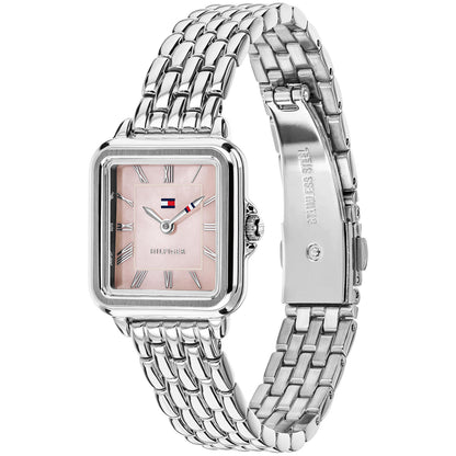 Damenarmbanduhr mit quadratischem Gehäuse, rosafarbenem Zifferblatt und silberfarbenem Edelstahlband