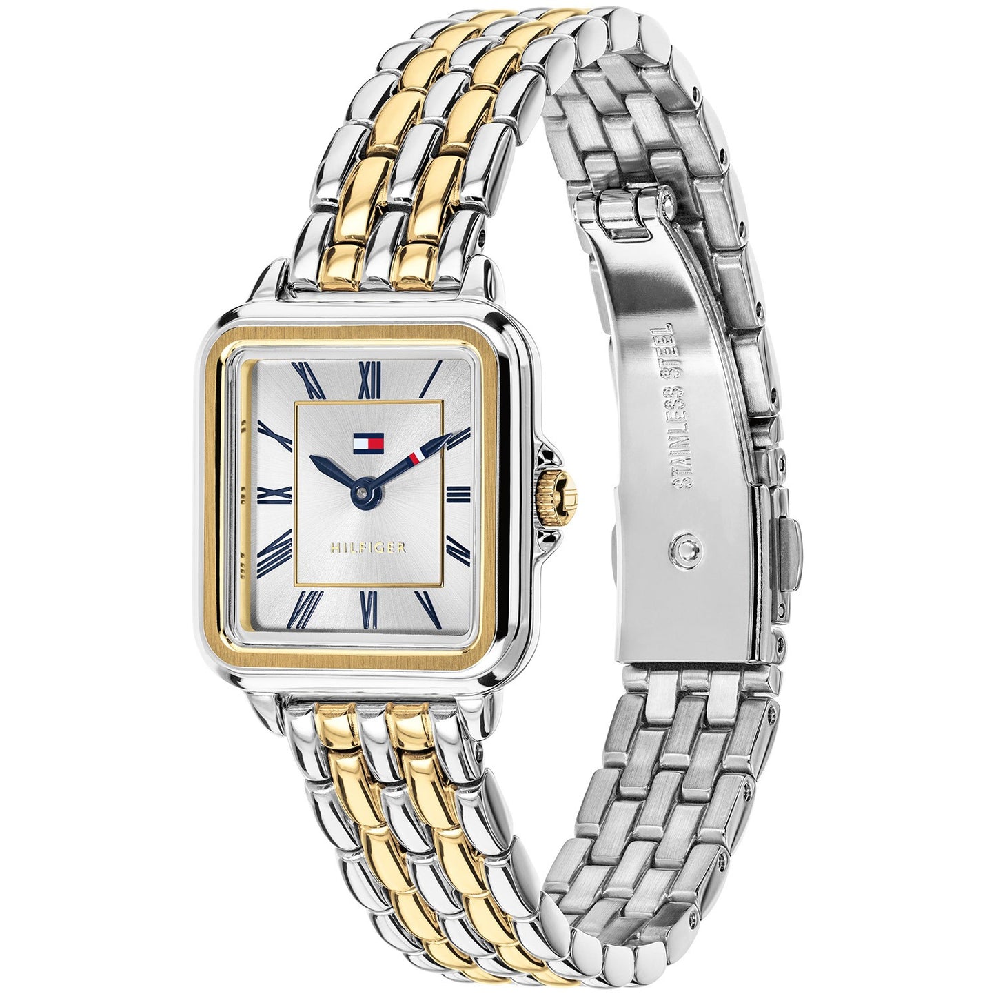Tommy Hilfiger Damenarmbanduhr mit zweifarbigem Edelstahlarmband, quadratisches Zifferblatt