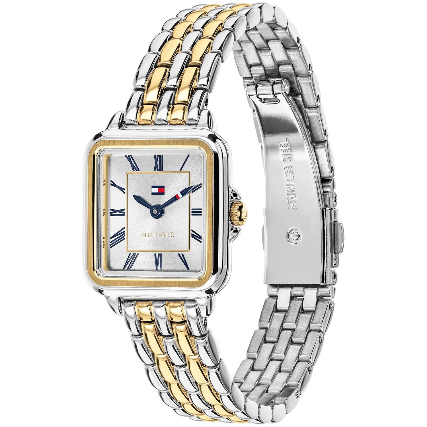 Tommy Hilfiger Damenarmbanduhr mit zweifarbigem Edelstahlarmband, quadratisches Zifferblatt
