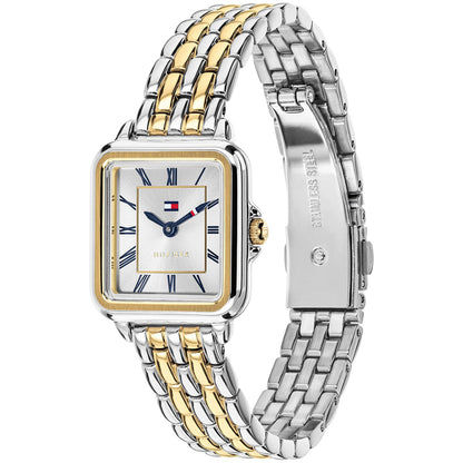 Tommy Hilfiger Damenarmbanduhr mit zweifarbigem Edelstahlarmband, quadratisches Zifferblatt