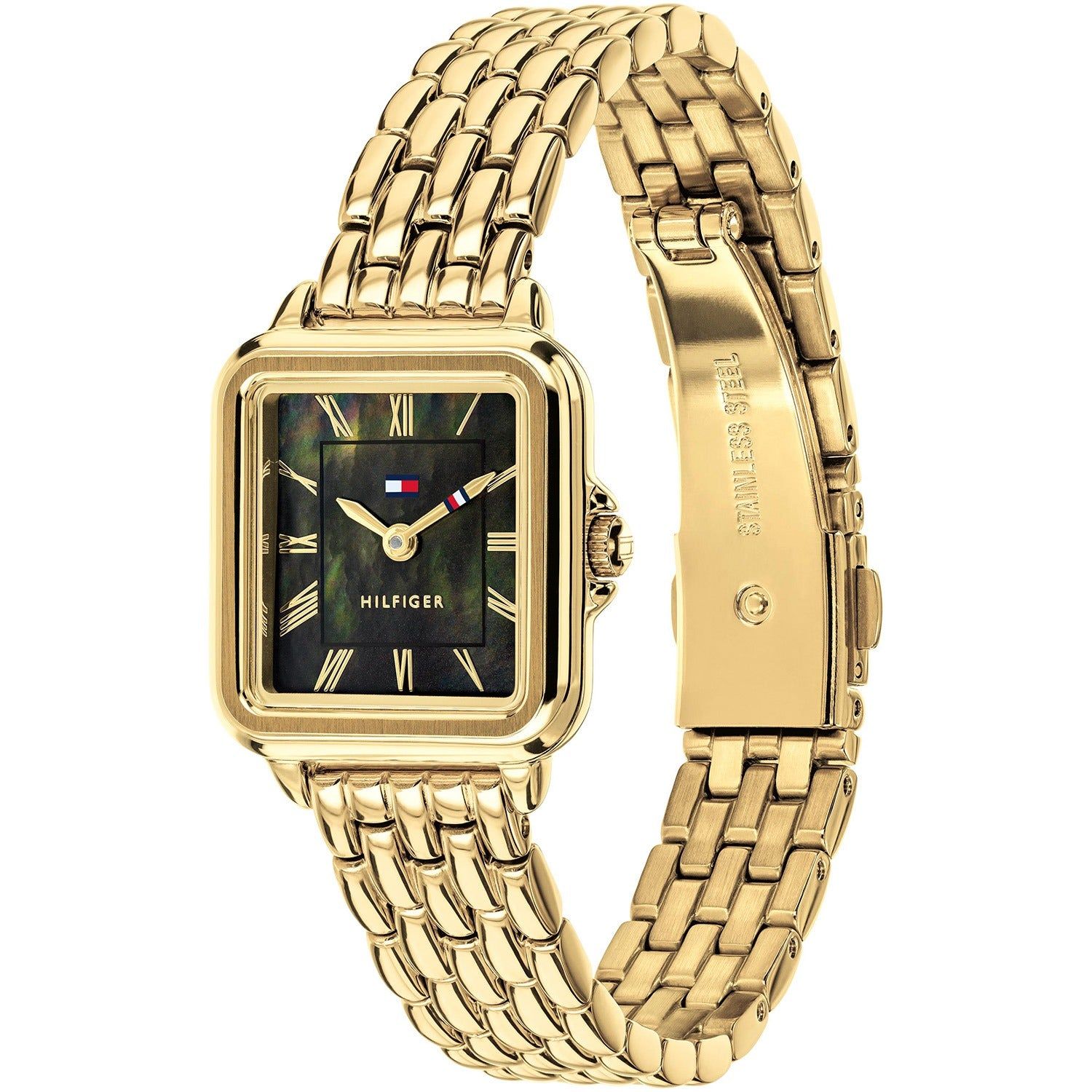Goldfarbene Damenarmbanduhr mit rechteckigem Gehäuse, dunklem Zifferblatt mit römischen Ziffern