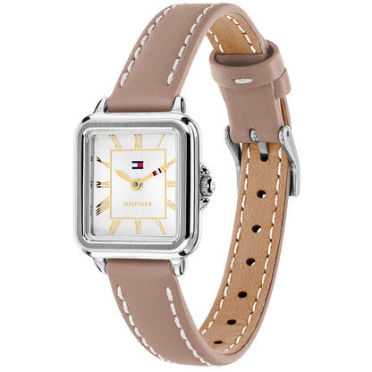 Tommy Hilfiger Damenarmbanduhr mit braunem Lederband, silbernem Gehäuse und weißem Zifferblatt