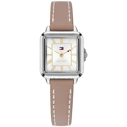 Tommy Hilfiger Mia Damenuhr: braunes Lederarmband, rechteckiges silbernes Gehäuse