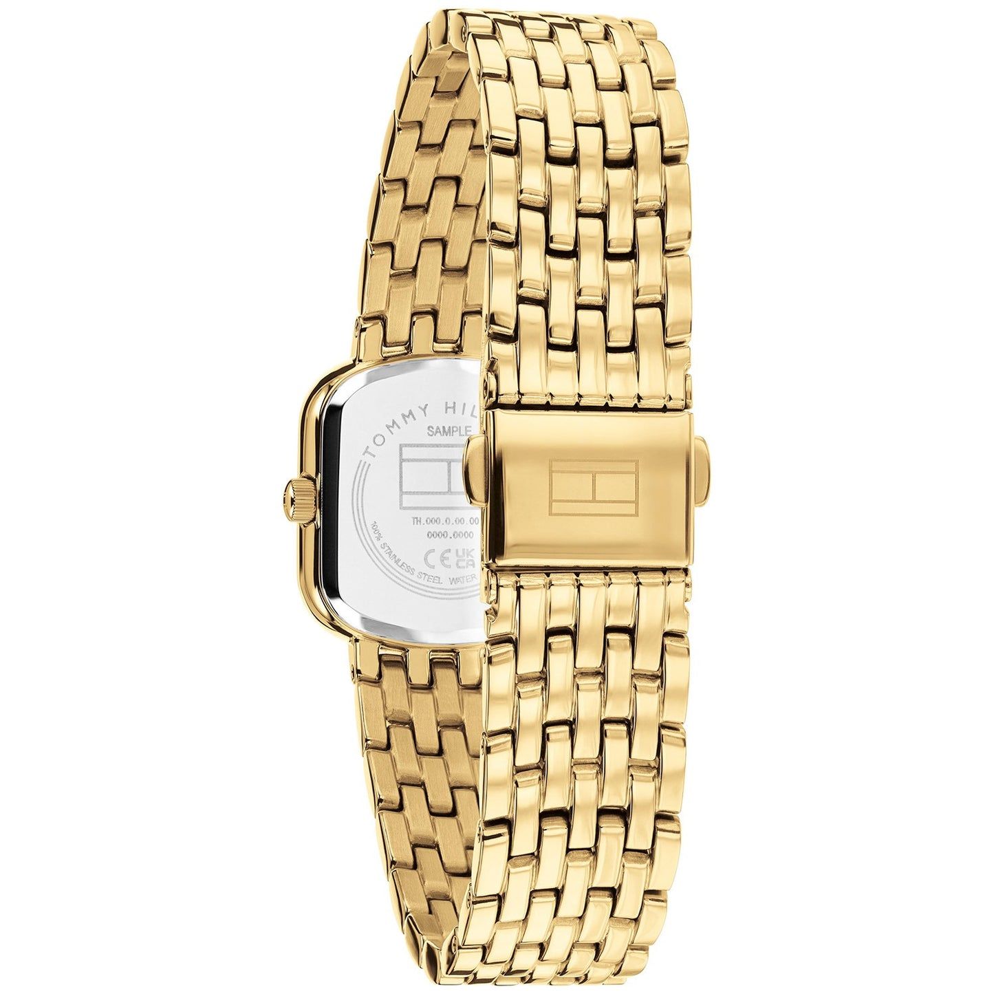 Tommy Hilfiger Abby Damenquarzuhr mit goldfarbenem Metallarmband, seitliche Ansicht