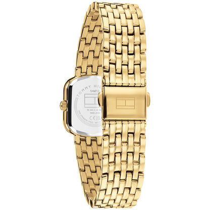 Tommy Hilfiger Abby Damenquarzuhr mit goldfarbenem Metallarmband, seitliche Ansicht