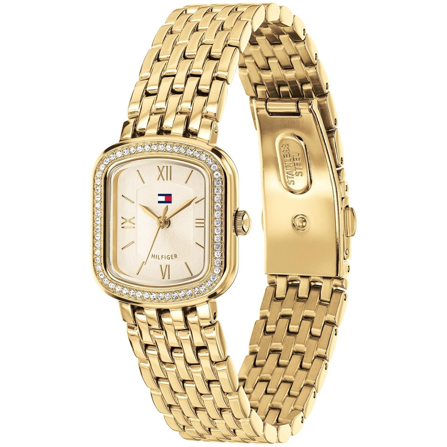 Tommy Hilfiger Abby Damenquarzuhr mit goldfarbenem Armband, Strasslünette und Logo