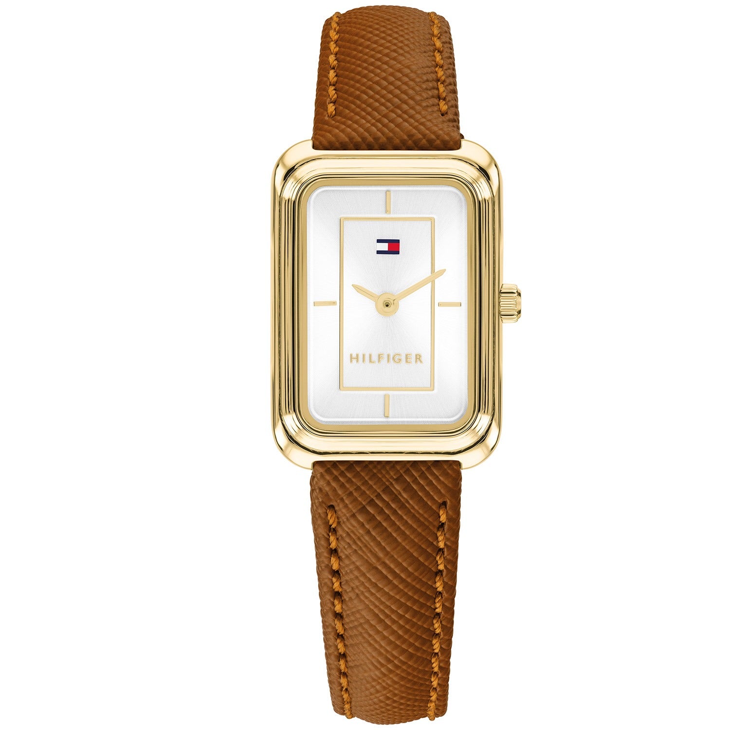 Tommy Hilfiger Daisy Damenarmbanduhr: rechteckiges Goldgehäuse, braunes Lederband, weißes Zifferblatt