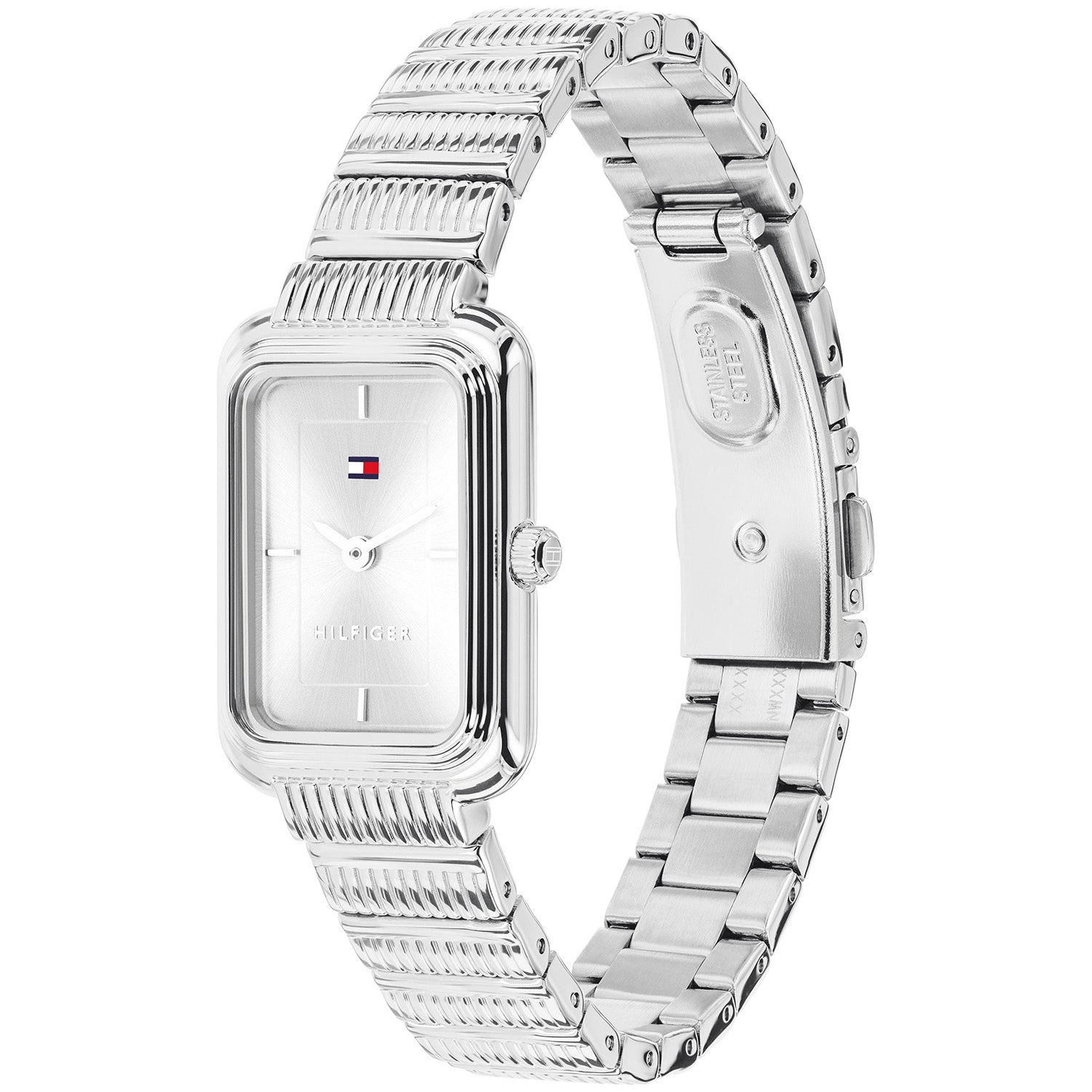 Tommy Hilfiger Daisy Damenarmbanduhr seitlich, silbernes Edelstahlband und Zifferblatt