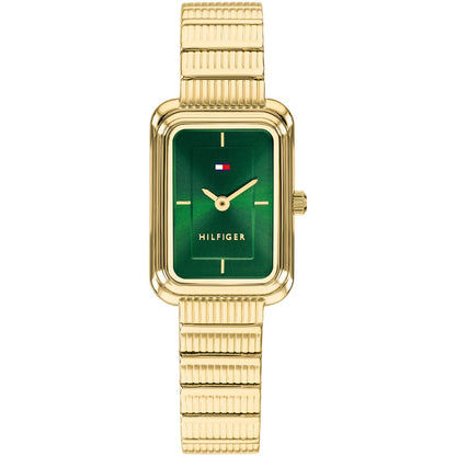 Damenarmbanduhr mit grünem Zifferblatt, rechteckigem Gehäuse und Edelstahlarmband