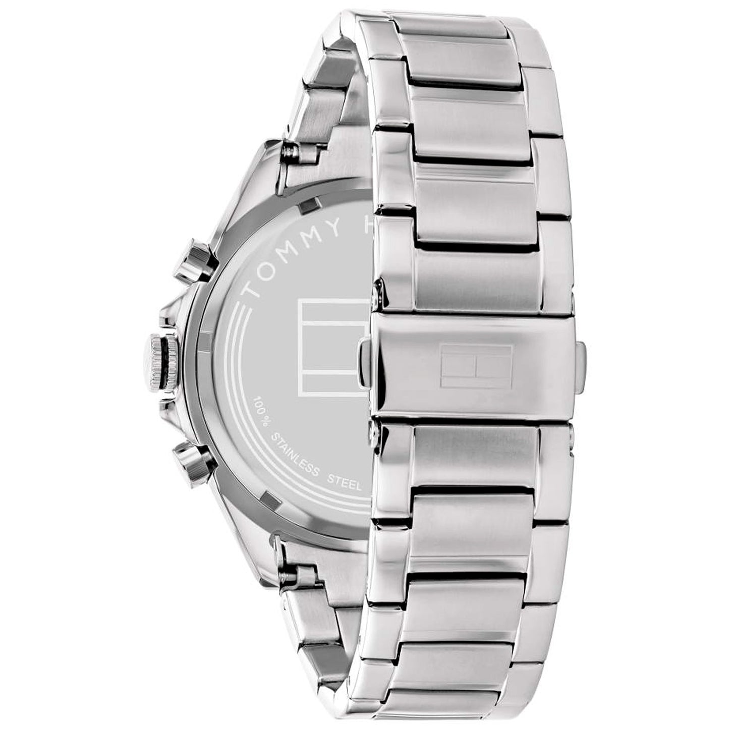 Tommy Hilfiger Herrenarmbanduhr, Rückansicht mit silberfarbenem Edelstahlarmband