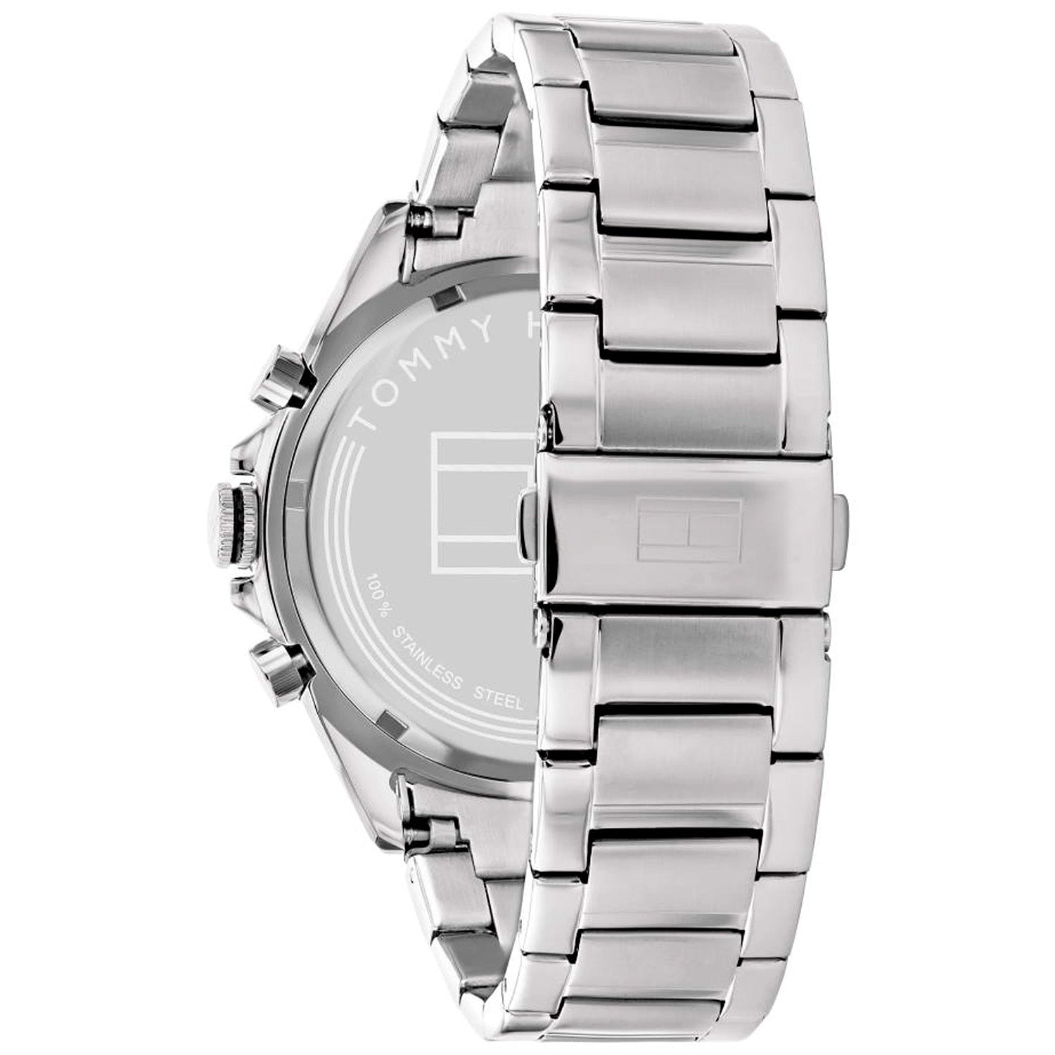 Tommy Hilfiger Herrenarmbanduhr, Rückansicht mit silberfarbenem Edelstahlarmband