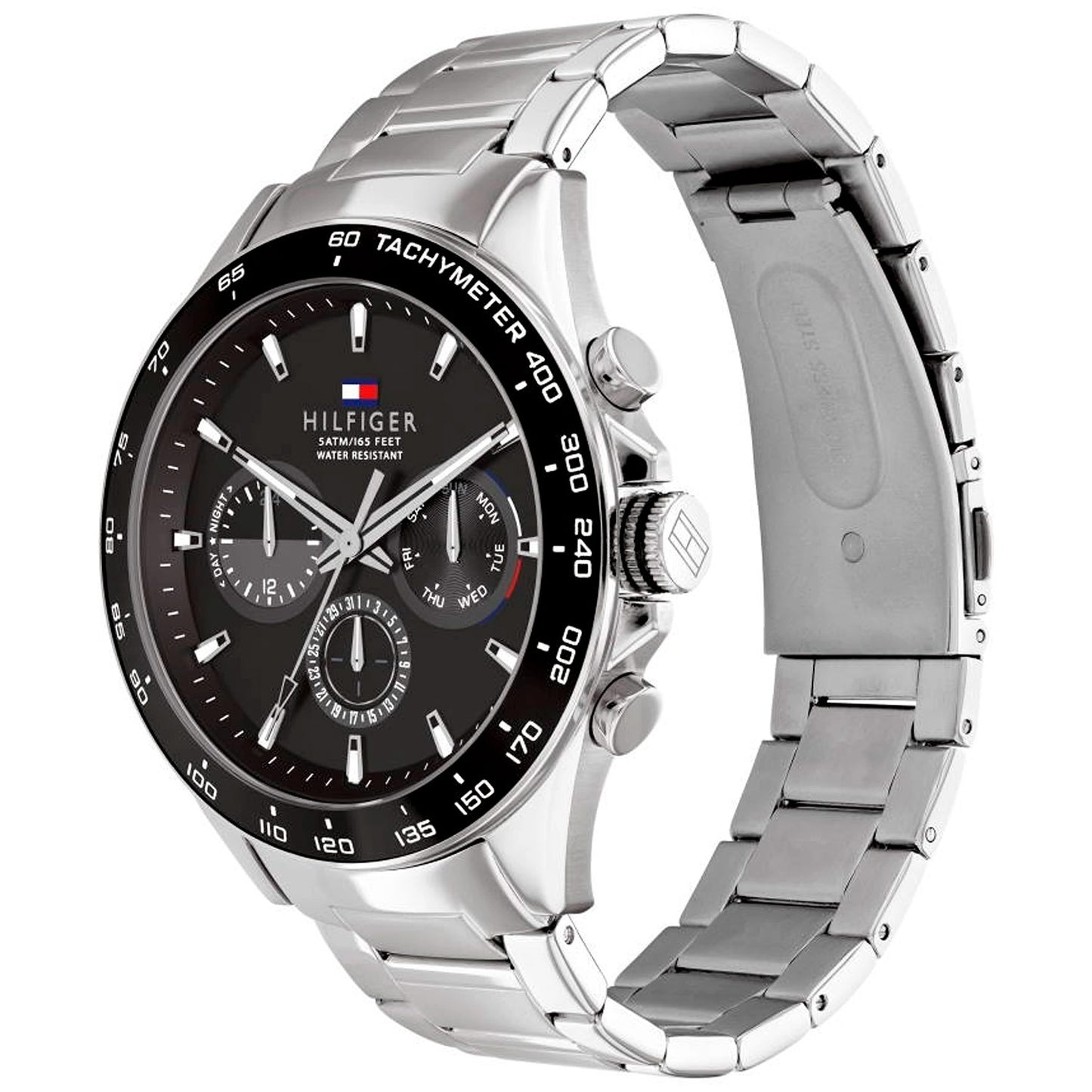 Tommy Hilfiger Herrenarmbanduhr mit silbernem Edelstahlarmband und schwarzem Chronograph-Zifferblatt
