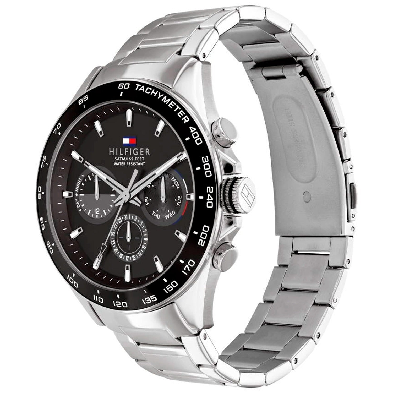 Tommy Hilfiger Herrenarmbanduhr mit silbernem Edelstahlarmband und schwarzem Chronograph-Zifferblatt
