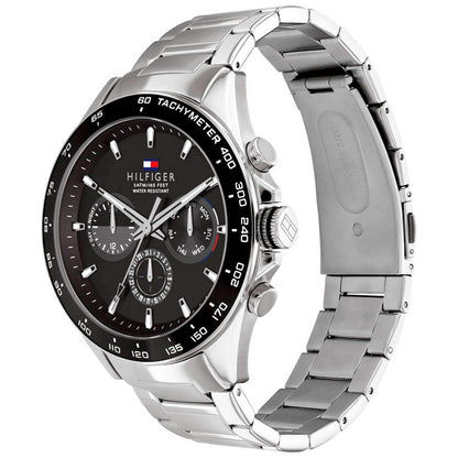 Tommy Hilfiger Herrenarmbanduhr mit silbernem Edelstahlarmband und schwarzem Chronograph-Zifferblatt