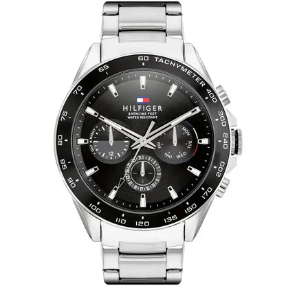 Tommy Hilfiger Herrenarmbanduhr mit schwarzem Zifferblatt, Chronograph und Metallband