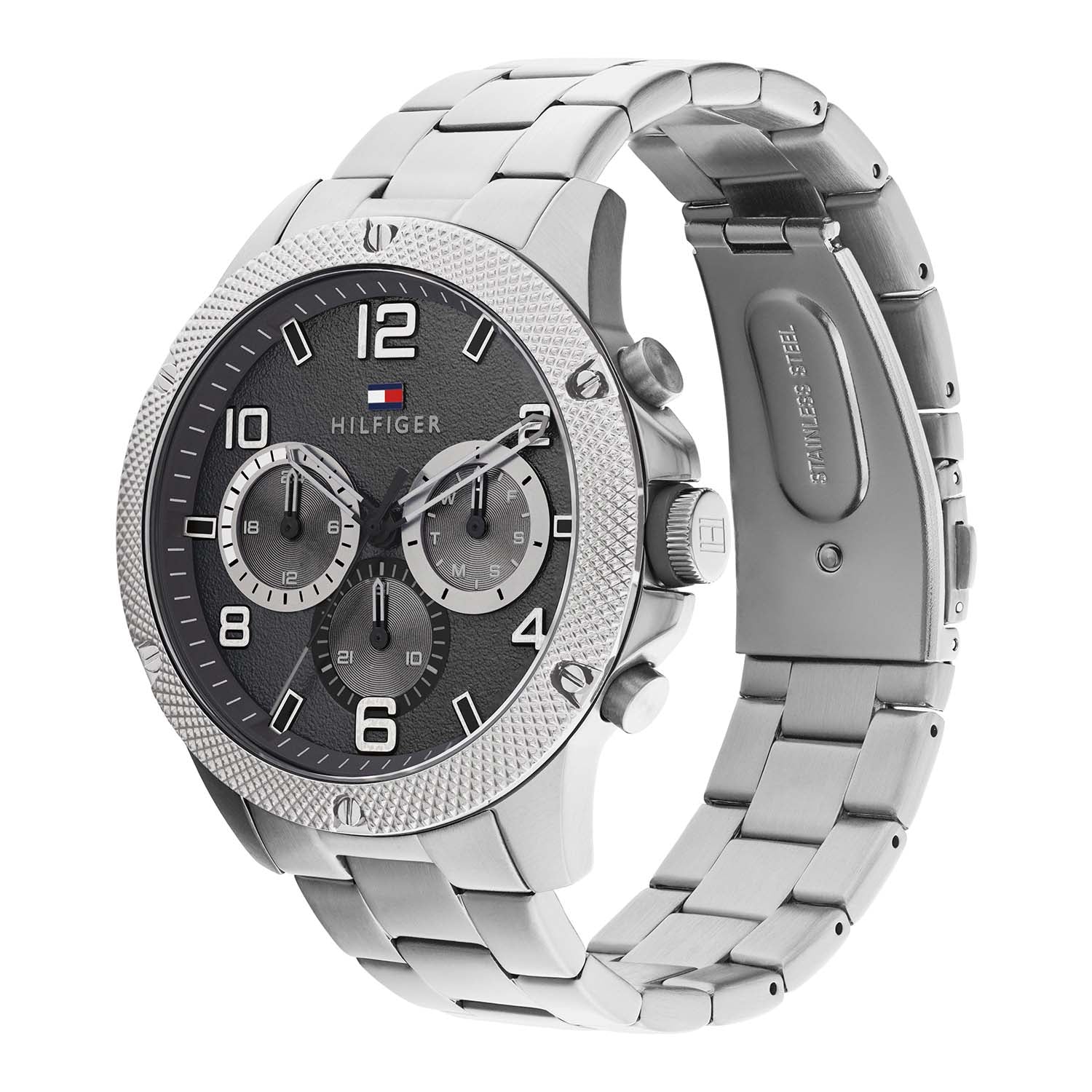 Herren-Chronograph mit schwarzem Zifferblatt, HILFIGER-Schriftzug und silbernem Edelstahlarmband