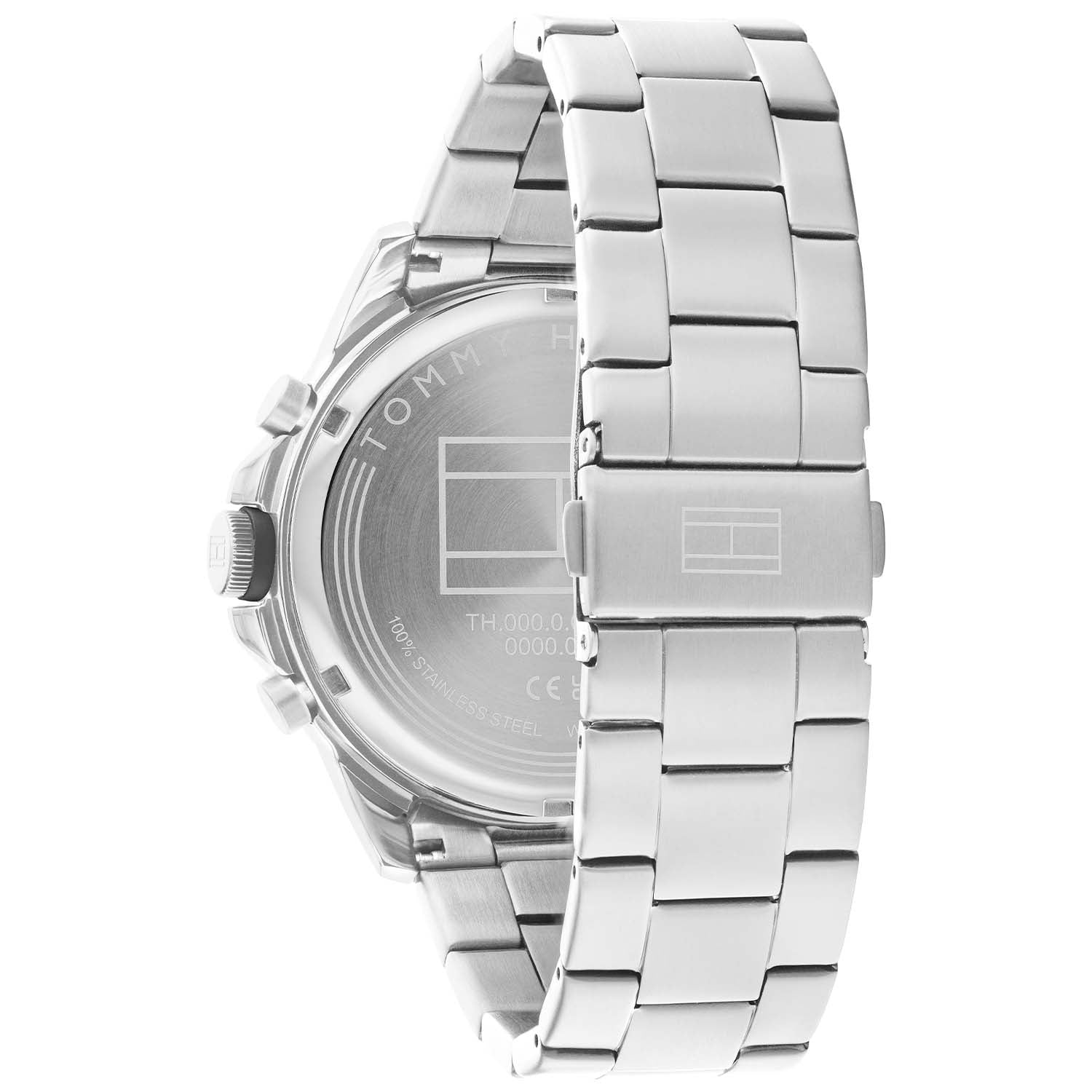 Herren-Chronograph seitlich mit silbernem Edelstahlarmband und sichtbaren Drückern am Gehäuse