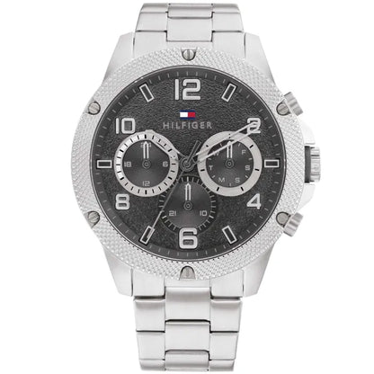 Tommy Hilfiger Blaze Herrenuhr mit silbernem Edelstahlband, schwarzem Chronograph-Zifferblatt