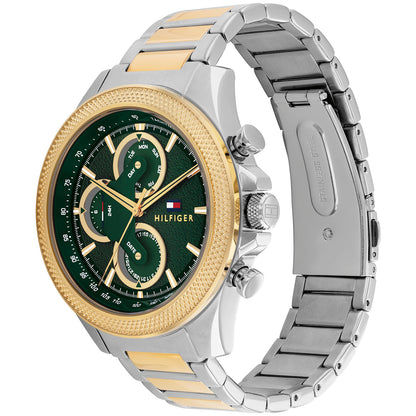 Tommy Hilfiger Bicolor Herrenuhr mit grünem Zifferblatt, Tachymeter-Details und Datum