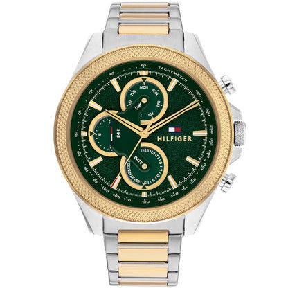 Tommy Hilfiger Bicolor Herrenuhr mit grünem Zifferblatt, Chronograf-Subdials und Datum