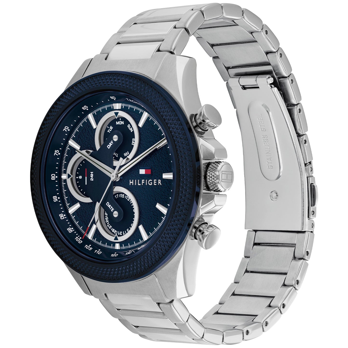 Tommy Hilfiger Herrenuhr mit blauem Zifferblatt, Chronograph-Optik, Edelstahlband