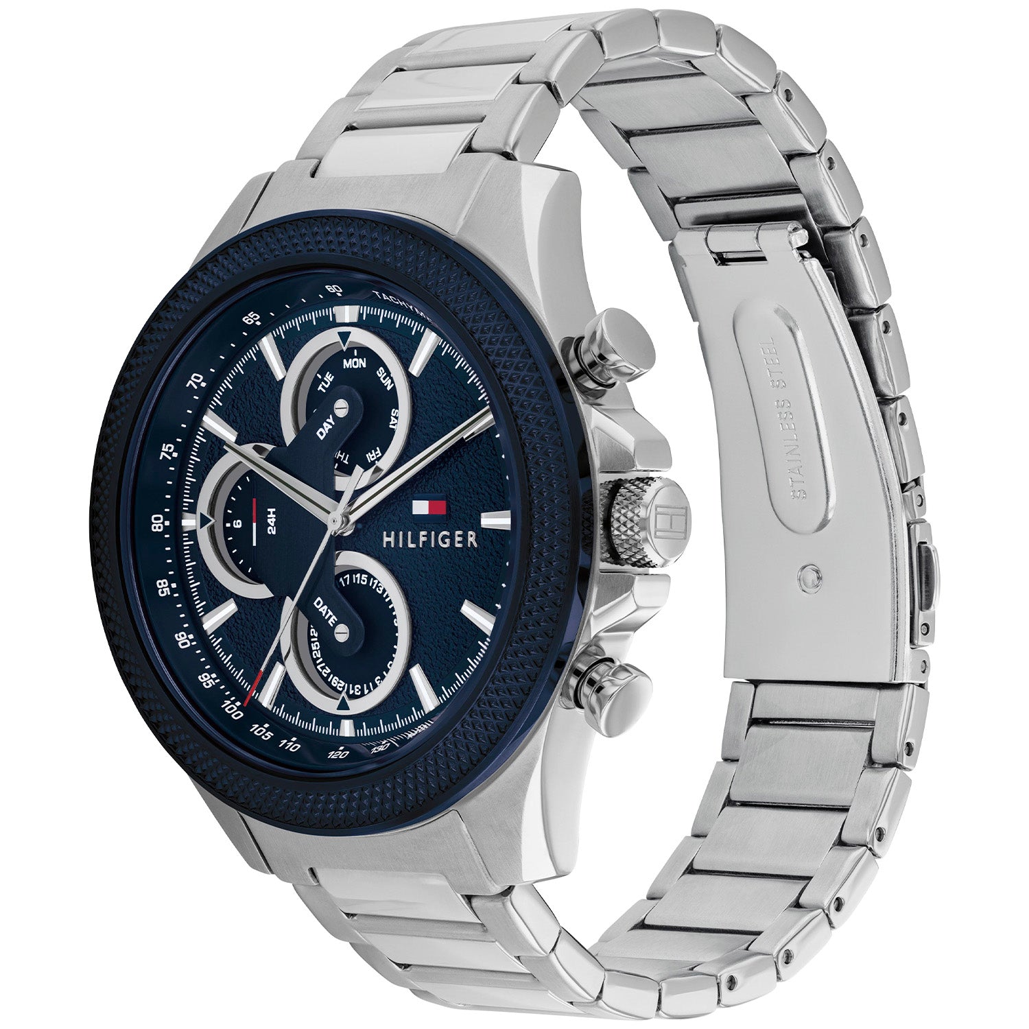 Tommy Hilfiger Herrenuhr mit blauem Zifferblatt, Chronograph-Optik, Edelstahlband