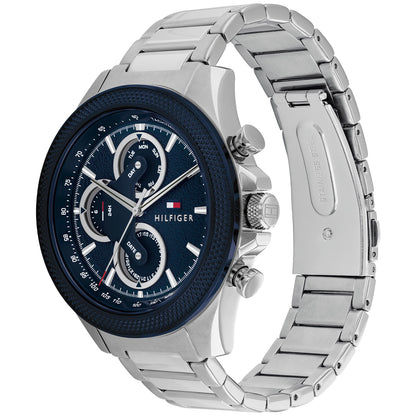 Tommy Hilfiger Herrenuhr mit blauem Zifferblatt, Chronograph-Optik, Edelstahlband