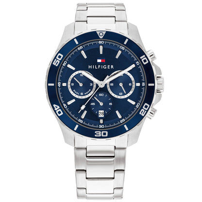 Herrenarmbanduhr mit blauem Zifferblatt, Edelstahlband und Multifunktions-Subdials.