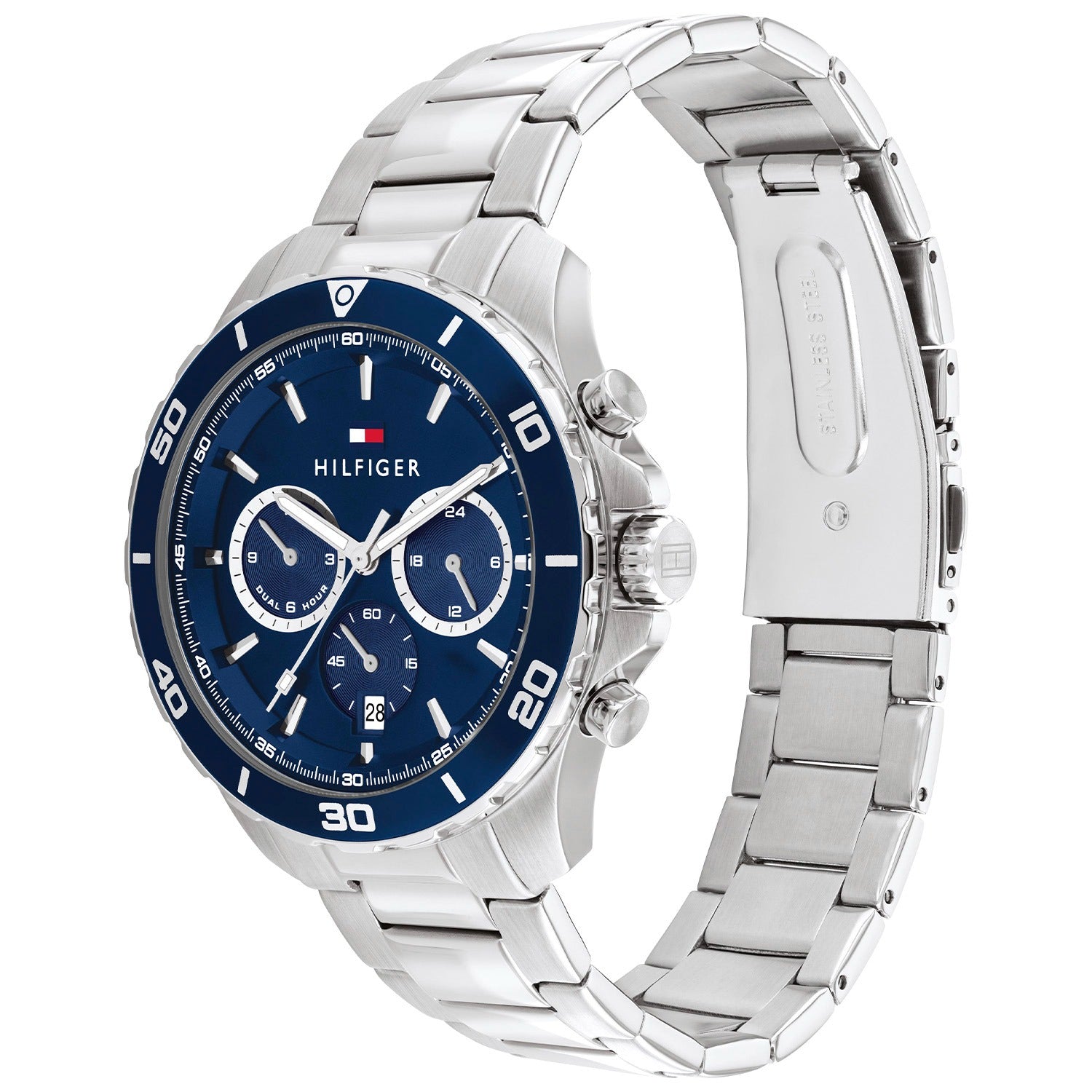 Runde Herrenarmbanduhr mit blauem Zifferblatt und Chrono-Optik, Edelstahlarmband.