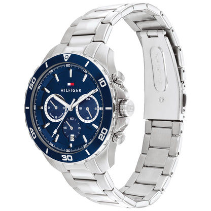 Runde Herrenarmbanduhr mit blauem Zifferblatt und Chrono-Optik, Edelstahlarmband.