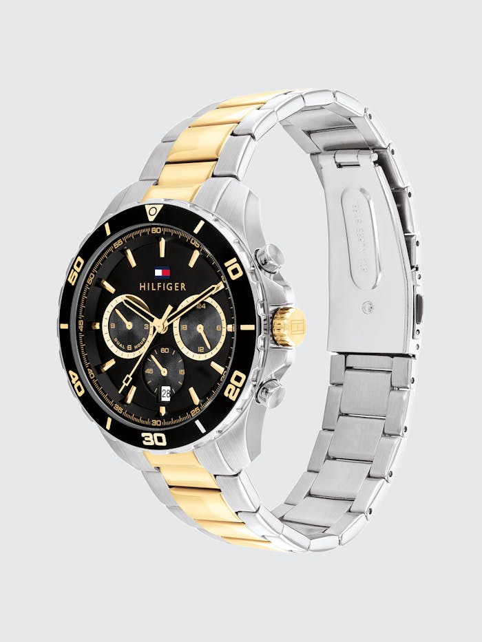 Tommy Hilfiger Multifunktionsuhr mit schwarzem Zifferblatt, zweifarbigem Edelstahlgehäuse