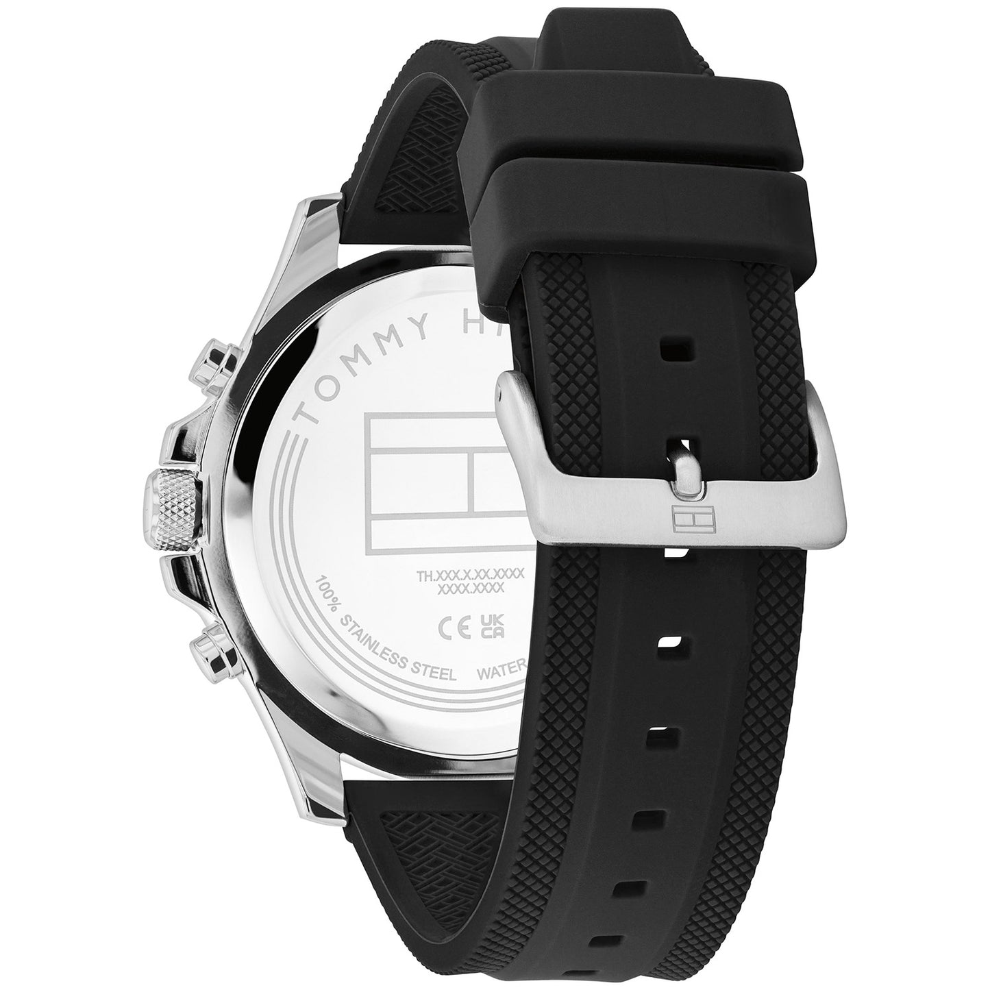 Herren-Chronograph mit schwarzem Kautschukarmband und silbernem Gehäuseboden