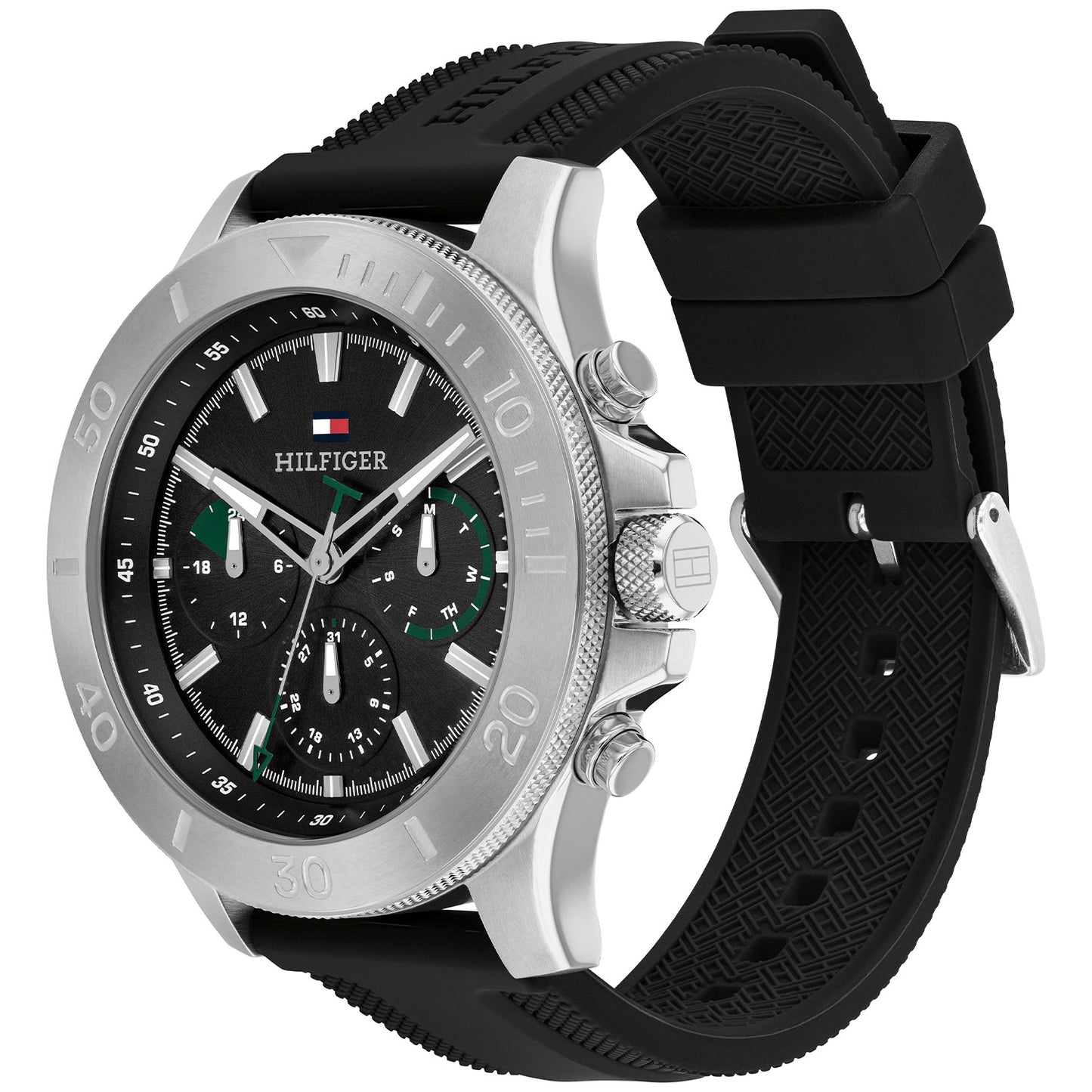 Herren-Chronograph mit schwarzem Kautschukarmband, Edelstahlgehäuse und schwarzem Zifferblatt