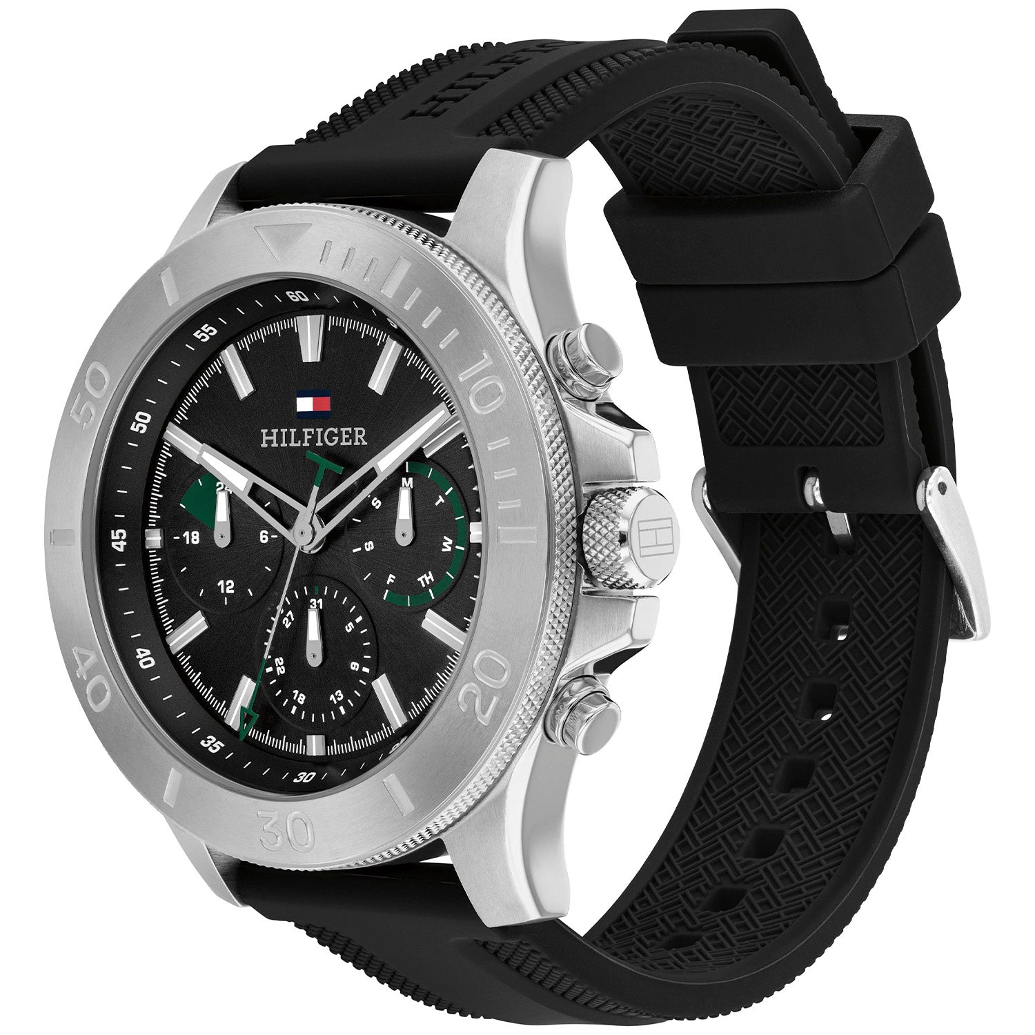 Herren-Chronograph mit schwarzem Kautschukarmband, Edelstahlgehäuse und schwarzem Zifferblatt