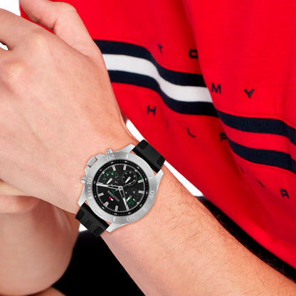 Herren-Chronograph mit schwarzem Kautschukarmband, Edelstahlgehäuse und schwarzem Zifferblatt