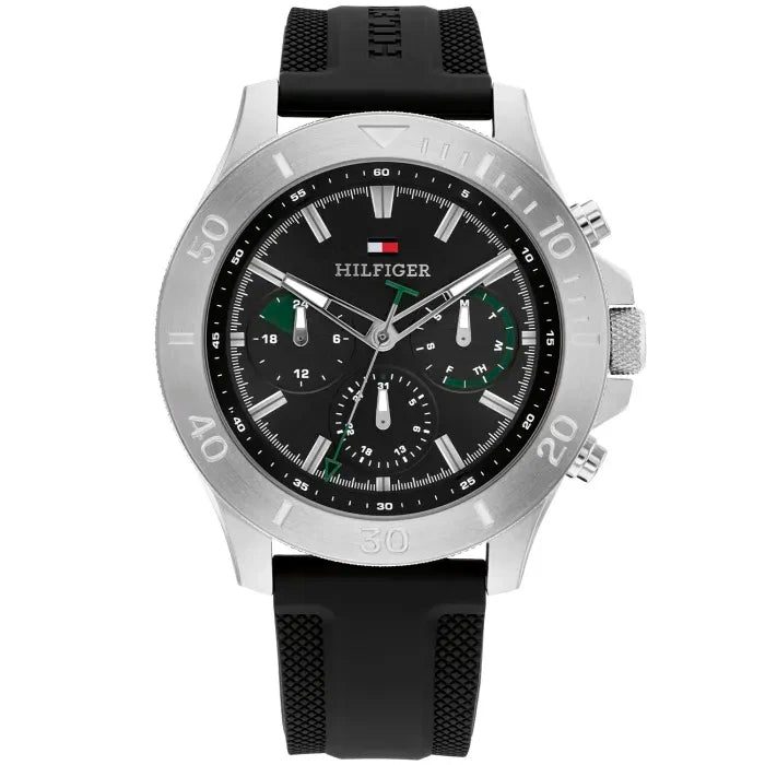 Herren-Chronograph mit schwarzem Kautschukarmband, silbernem Gehäuse und schwarzem Zifferblatt