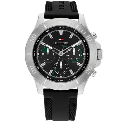 Herren-Chronograph mit schwarzem Kautschukarmband, silbernem Gehäuse und schwarzem Zifferblatt