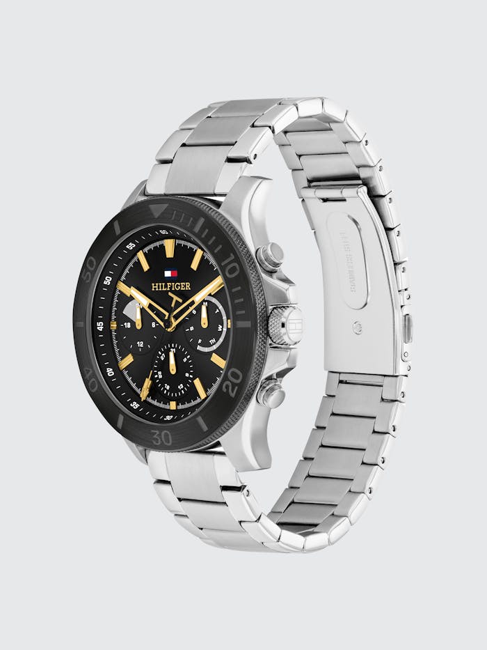 Tommy Hilfiger Bryan Herrenuhr mit schwarzem Zifferblatt und silbernem Metallarmband