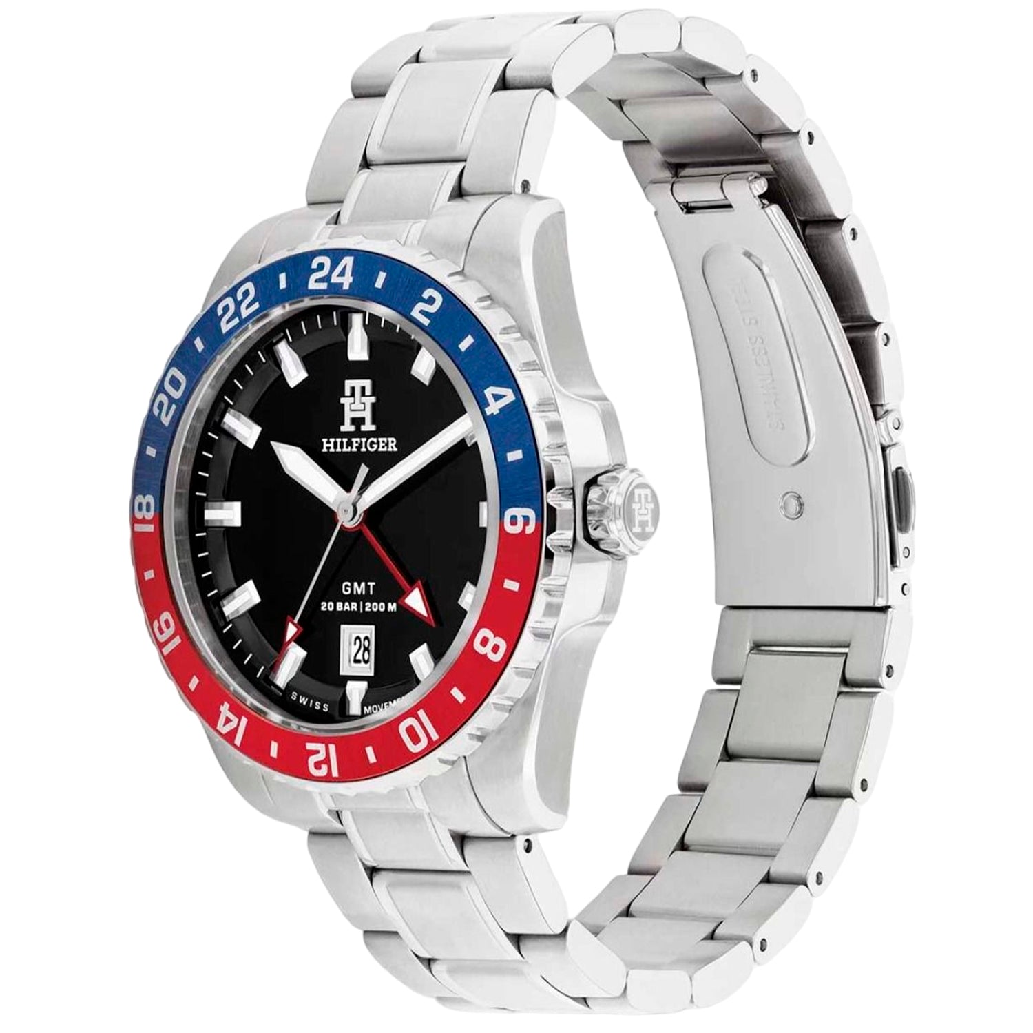 Damenarmbanduhr seitlich: schwarzes Zifferblatt, Edelstahlgehäuse, blau-rote GMT-Lünette