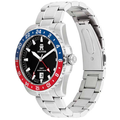 Damenarmbanduhr seitlich: schwarzes Zifferblatt, Edelstahlgehäuse, blau-rote GMT-Lünette