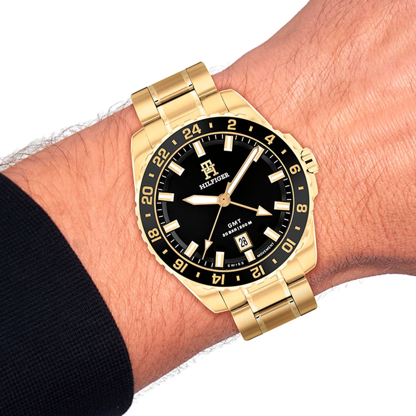 Tommy Hilfiger Quarzuhr am Handgelenk, goldfarbenes Edelstahlarmband, schwarzes GMT-Zifferblatt